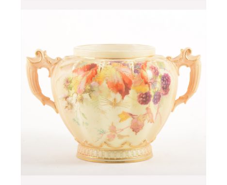 Royal Worcester two-handled vase, date mark for 1899, fluted form with twin handles, painted with blackberries, leaves and sp