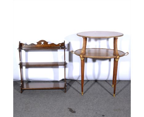 A French style oak and gilt metal mounted two-tier centre stand, of oval section, tapering and fluted legs, width 81cm; and a