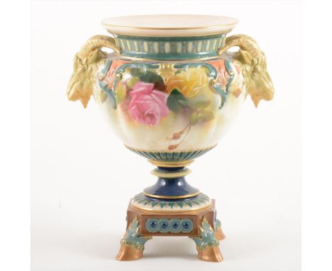 Royal Worcester campana shape vase, indistinctly signed, date mark for 1914, painted with Hadley roses, rams head handles and