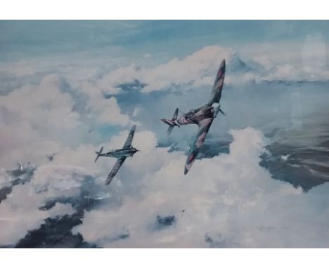 After Robert Taylor, Duel of Eagles, signed by Douglas Bader and Adolf Galland, colour print, 33cm x 47cm.