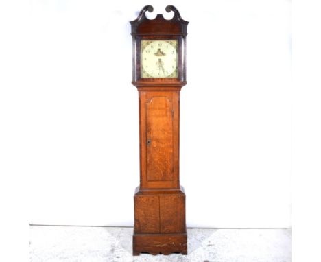 An oak and mahogany longcase clock, square painted dial, signed W. Dicks, Thrapston, with a date aperture, thirty-hour moveme