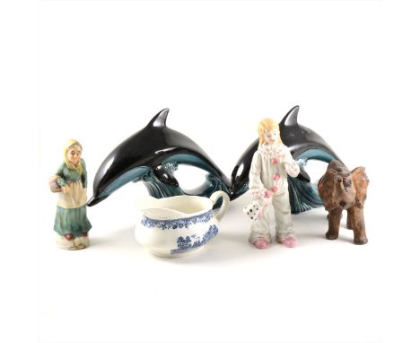 A collection of ceramics and glass, including two Poole dolphins, a pair of Beswick mantelpiece dogs, pressed glass decanter 