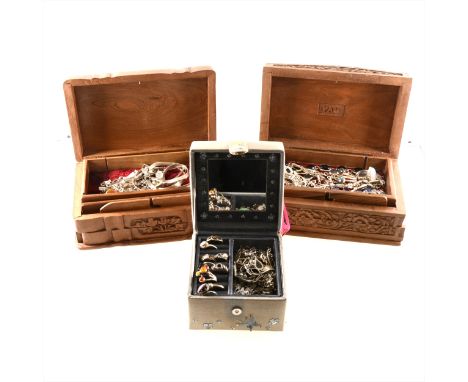 Two wooden jewel boxes containing modern silver bracelets, rings and necklaces, some set with labradorite, abalone, amethyst,