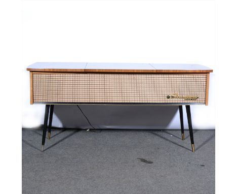 A PYE Stereophonic Black Box record player, incorporating a Garrard model 210 turntable, width 133cm.