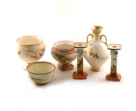 A quantity of ceramics, including Hadleys Worcester pedestal bowl, Wedgwood twin handled vase, Royal Doulton characterware an