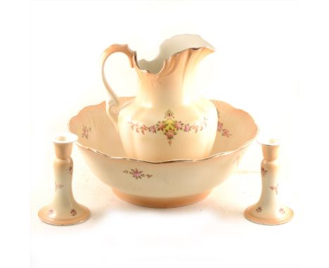 A Devonware wash basin, jug and dressing table accessories, Etna pattern.