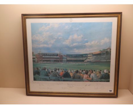 A coloured print of Lords Cricket Ground by Alan Fearnley 546/850 signed by the artist and the 1980 Centerary test team in a 