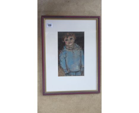 A pastel on sandpaper, portrait of a boy in a blue jumper in the manner of Joan Eardley - 1921-1963. 25 x 15 cm. Frame size 4