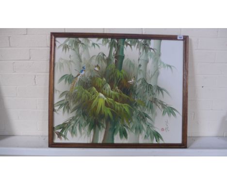 Chinese oil on canvas of birds and butterflies in a bamboo tree 60 x 75 cm. Inscribed with one red seal. Frame size 66 x 81 c