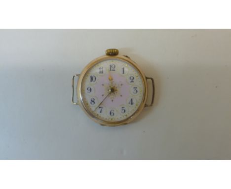 A 9ct yellow gold trench type wristwatch with a decorative enamel dial. Case 3cm wide, total weight approx 18gs. In generally
