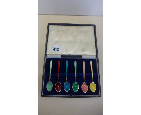 A boxed set of six silver enamel coffee spoons Birmingham 1964/65 maker C&amp;C approx weight 1.8 troy oz - three with slight