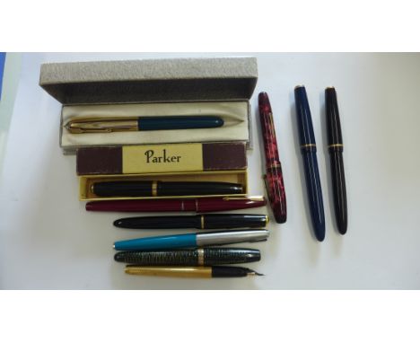 10 vintage parker fountain pens all with 14ct gold nibs .40 include Parker 51, various duofolds, 61, vacumatic, parkette etc 