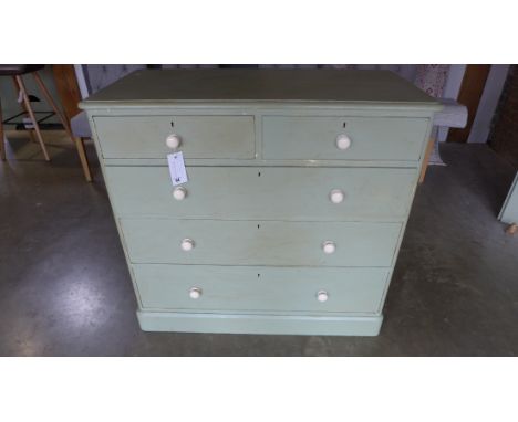 A Victorian 5-drawer pine chest - painted in a shabby chic (farrow and ball) finish, with ceramic handles. 96cm tall, 103x51c