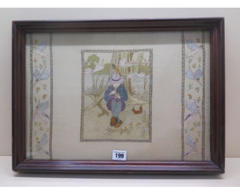A pictorial silkwork of a pipe player charming the faries - frame size 36cm x 48cm 