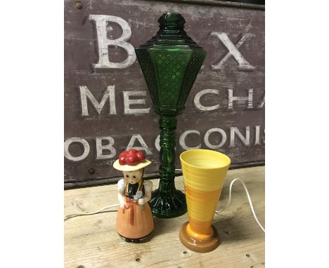 Goebel girl lamp, Shelley vintage vase & green glass lamp post lamp