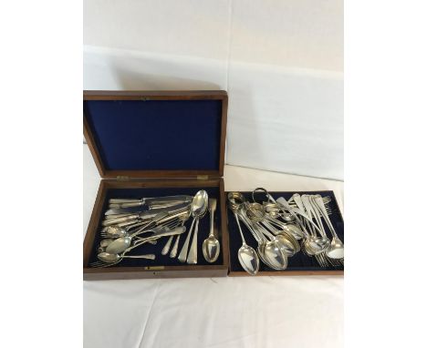 A EP Cutlery set with various others to include Mappin & Webb Knifes, 3 Silver napkin rings and a mahogany canteen box 