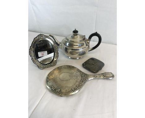 Birmingham silver ornate mirror, white metal case & silver plated mirror, together with EP teapot 