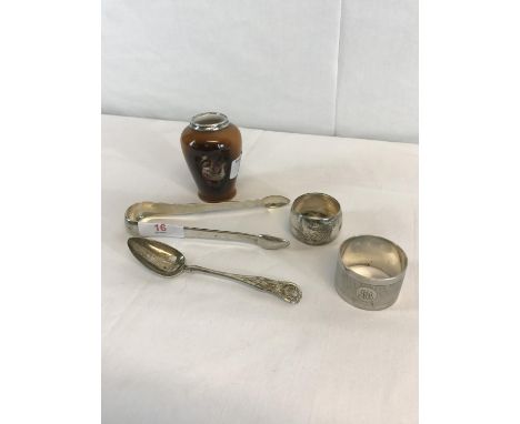 Georgian Scottish silver heavy tongs & spoon, together with Birmingham silver napkin ring, silver collared vase & 1 other 