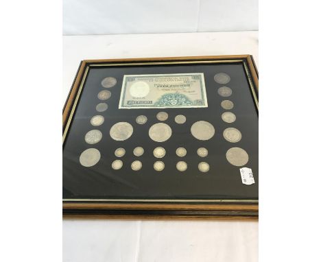 Framed National commercial bank of Scotland ltd 5pound note dated 1969 together with various silver coins & crown coins etc 