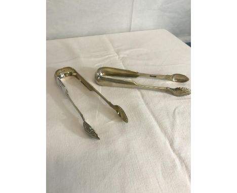 Victorian Glasgow silver heavy tongs, together with Georgian Glasgow silver heavy tongs 