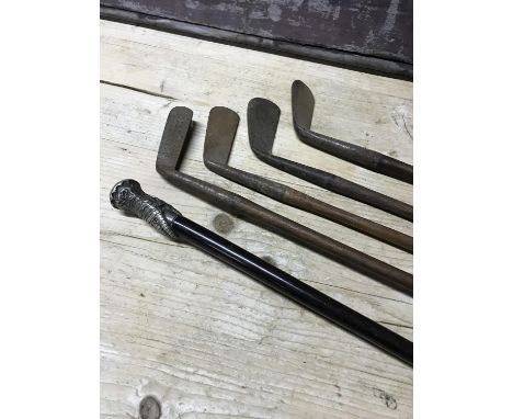 Knights Templar gauntlet topped walking stick, together with 4 hickory shaft clubs 