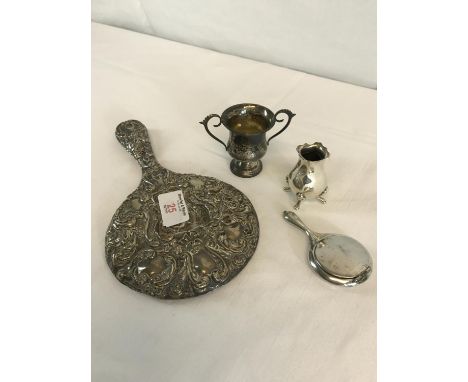 3 silver items & white metal compact 