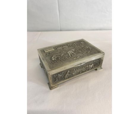 Sterling silver cigar box depicting Indian village scenes 