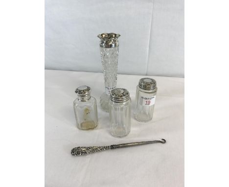 3 silver topped dressing table items, silver rimmed & glass vase & silver rimmed limoge vase 