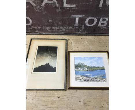 Block print titled 'Lighting Over Edinburgh' by Samuel Glass (an artist from Cowdenbeath Fife), together with watercolour of 