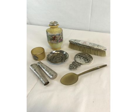 A collection of white metal & horn items, together with Danish ornate hand held mirror & to include some silver 