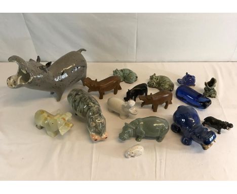 A collection of ceramic hippos to include Wedgwood glass hippo & Plichta Hippo 