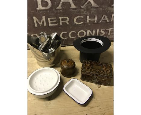 2 vintage ice buckets, enamel pots & vintage lunch box etc 