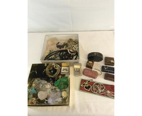 A Collection of costume jewellery to include yellow metal bangle possibly gold, Vintage jewellery boxes & brooches etc 