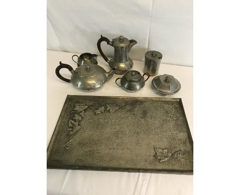 Homeland 4-piece pewter tea/coffee service together with hammered pewter arts & crafts tray etc 
