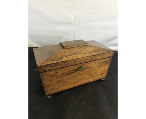 A Victorian tea caddy with bun feet & key 