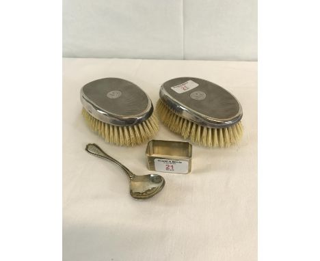 2 Birmingham silver brushes, silver napkin ring & Sterling silver spoon 