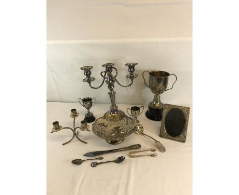 A Collection of EP & Silver plated wares to include candelabra, Trophies and Flatware's etc 