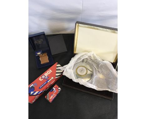 Dalvey leather travel clock together with original whisky flask (without whisky) & 2 Corgi models 