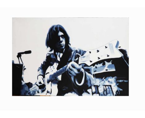 Neil Young / Acrylic on Canvas, large (100cm x 65cm) acrylic on canvas of Neil Young - a couple of light 'finger' marks, othe