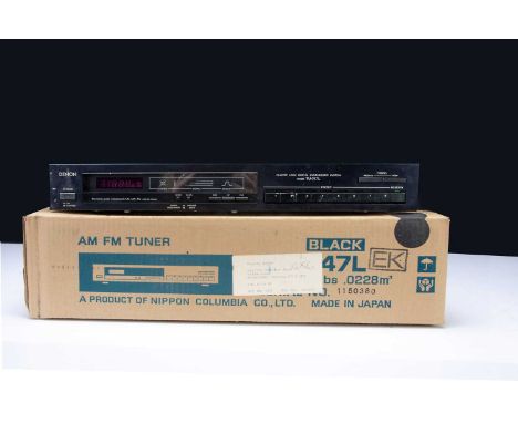 Mission Speakers / Denon Tuner, a pair of black Mission Speakers700-2 with wheeled stands, leaflet and leads plus a Denon Tun
