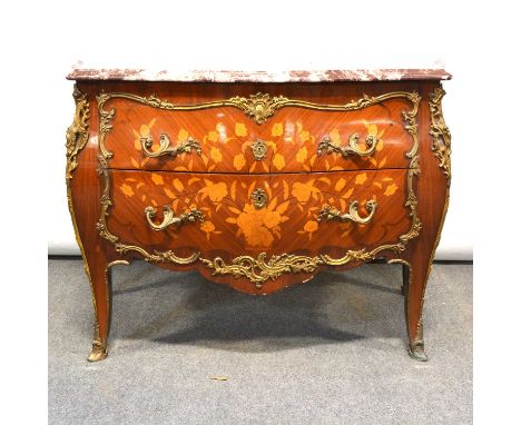 French walnut and marquetry bombe shaped commode, 20th Century, serpentine variegated marble top, two drawers with floral mar