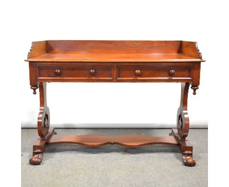 Victorian mahogany washstand, the top with a three-quarter gallery, and moulded edge, two drawers, lyre ends joined by a shel
