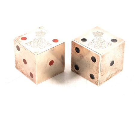 Pair of novelty silver and enamel cruets in the form of playing dice, Thomas Johnson, London 1883, one with black dots, one w