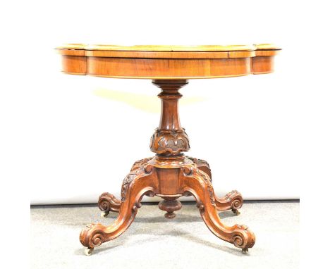 Victorian burr walnut card table, demilune foldover top with moulded edge, baize lined interior, turned and carved column on 