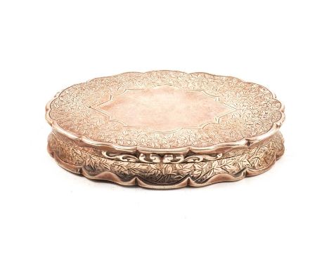 Victorian silver snuff box, George Unite, Birmingham 1886, oval form with serpentine rim, engraved decoration of leaves with 