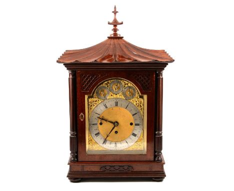 Victorian mahogany bracket clock, pagoda top with finial, arched glazed door with blind fretwork panels, turned pilasters, fr