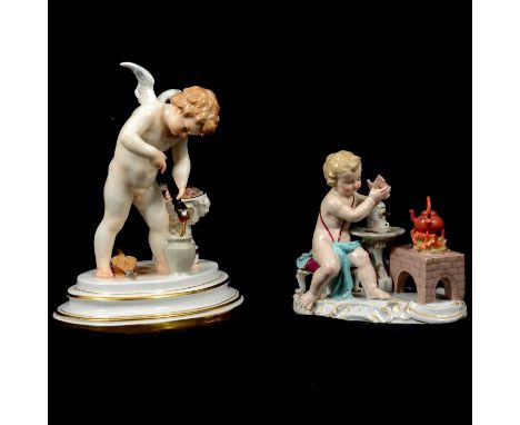 Meissen porcelain model, Cupid forging an arrow next to a brazier, blue crossed swords mark and incised numbers, 18cm, damage