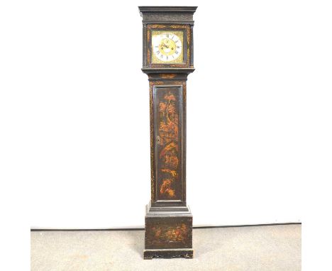 Longcase clock, black chinoiserie case, the hood with moulded cornice and three quarter engaged columns, trunk with long door