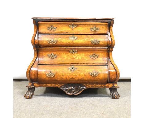 Dutch oak and marquetry bombe-shape commode, 18th Century, serpentine top, fitted with four long graduating drawers, carved b