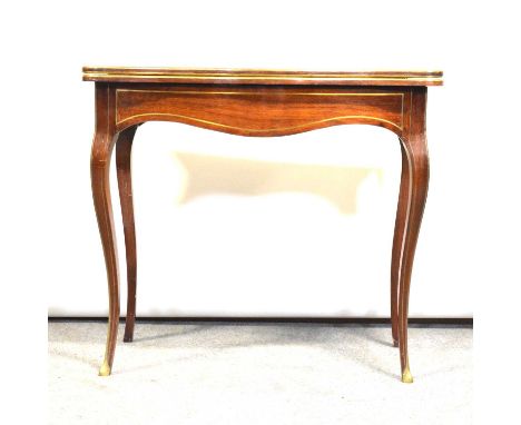 French walnut and brass inlaid card table, 19th Century, serpentine foldover top enclosing a baize lined playing surface, cab